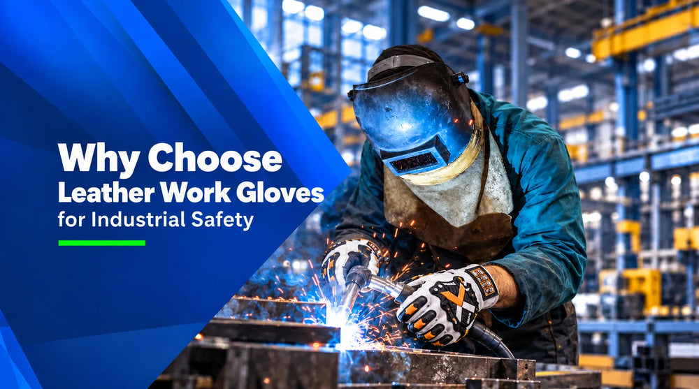 Leather work gloves for industrial safety, construction and welding applications