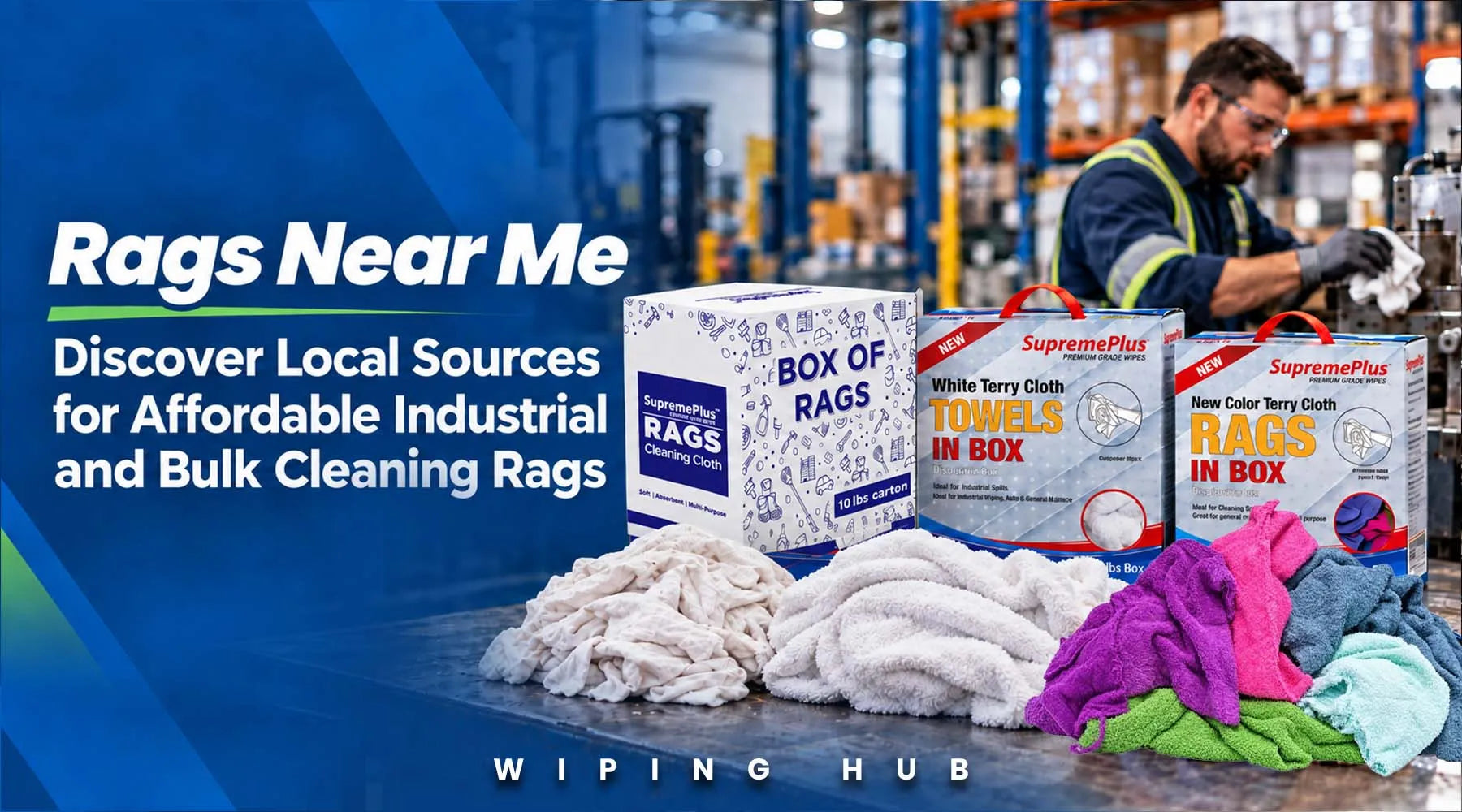 Industrial wiping rags in bulk including cotton, denim, microfiber, and shop towels