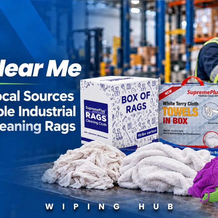 Industrial wiping rags in bulk including cotton, denim, microfiber, and shop towels