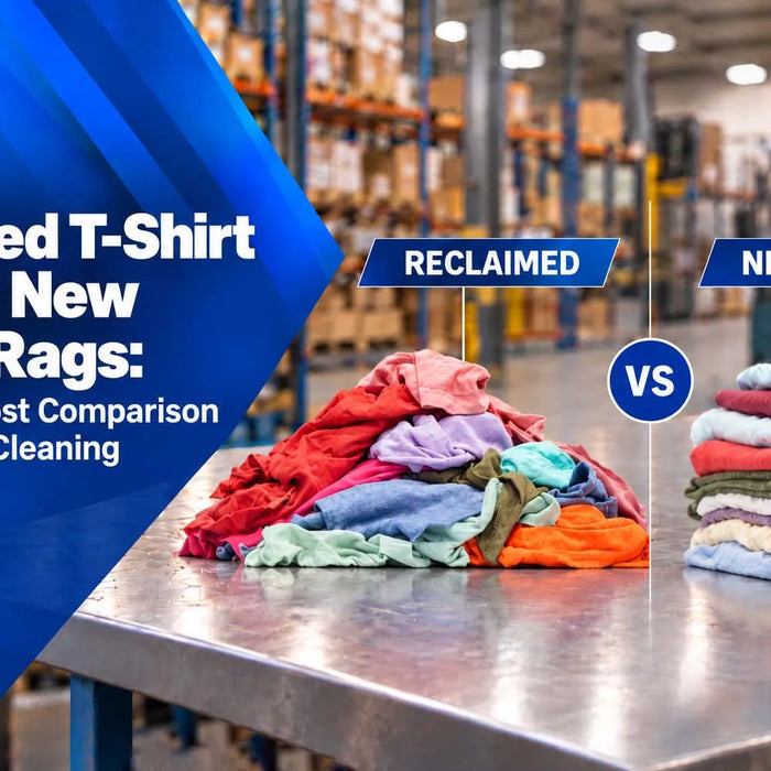 Reclaimed T-shirt rags and new cotton shop towels for industrial cleaning comparison