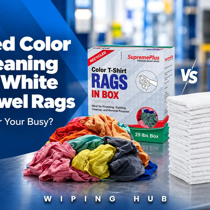 Recycled color knit cleaning rags vs white shop towel rags