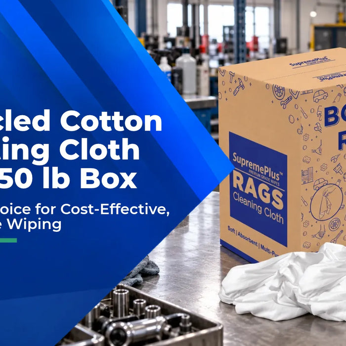 Recycled white cotton sheeting cleaning rags in a 50 lb box for industrial wiping
