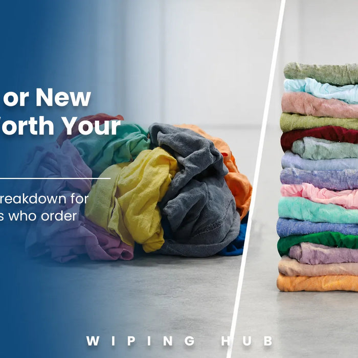Recycled vs new cotton rags comparison for industrial cleaning, maintenance, automotive, manufacturing, and bulk wiping applications.