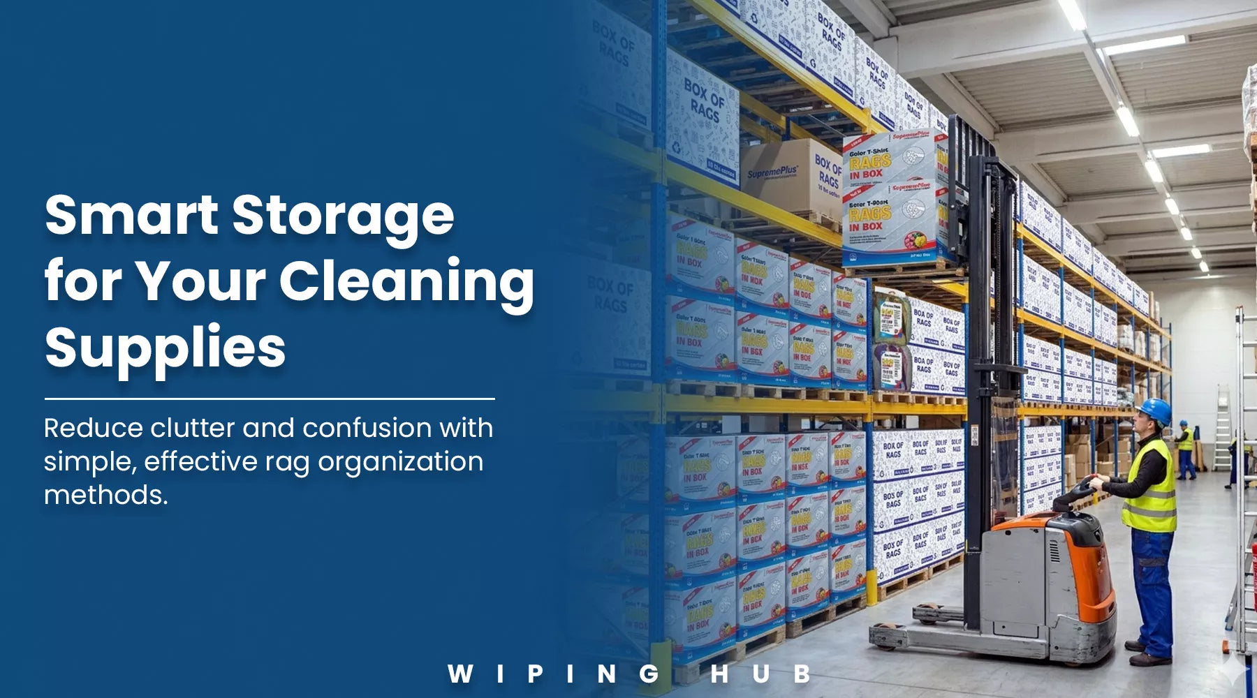 Industrial cleaning supplies storage system with organized shop rags, spill kits, gloves, and maintenance products in a warehouse facility