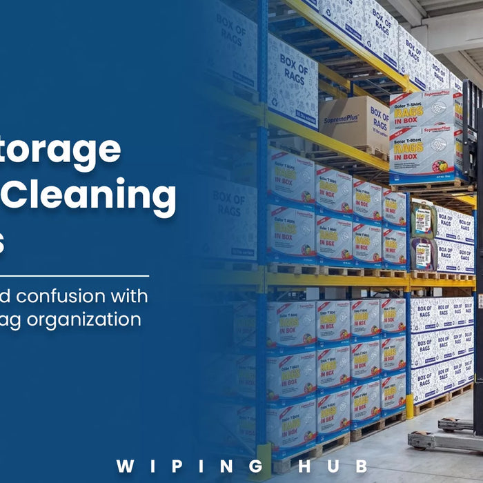 Industrial cleaning supplies storage system with organized shop rags, spill kits, gloves, and maintenance products in a warehouse facility
