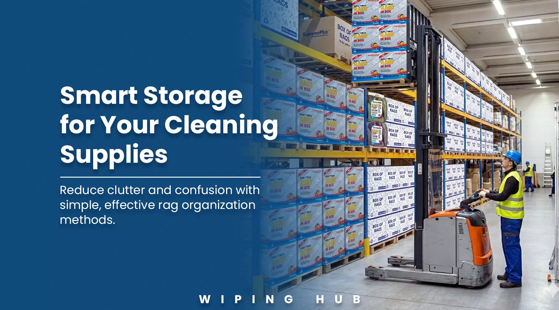Industrial cleaning supplies storage system with organized shop rags, spill kits, gloves, and maintenance products in a warehouse facility