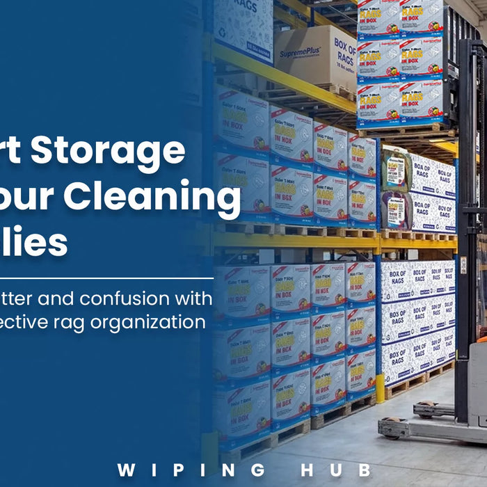 Industrial cleaning supplies storage system with organized shop rags, spill kits, gloves, and maintenance products in a warehouse facility