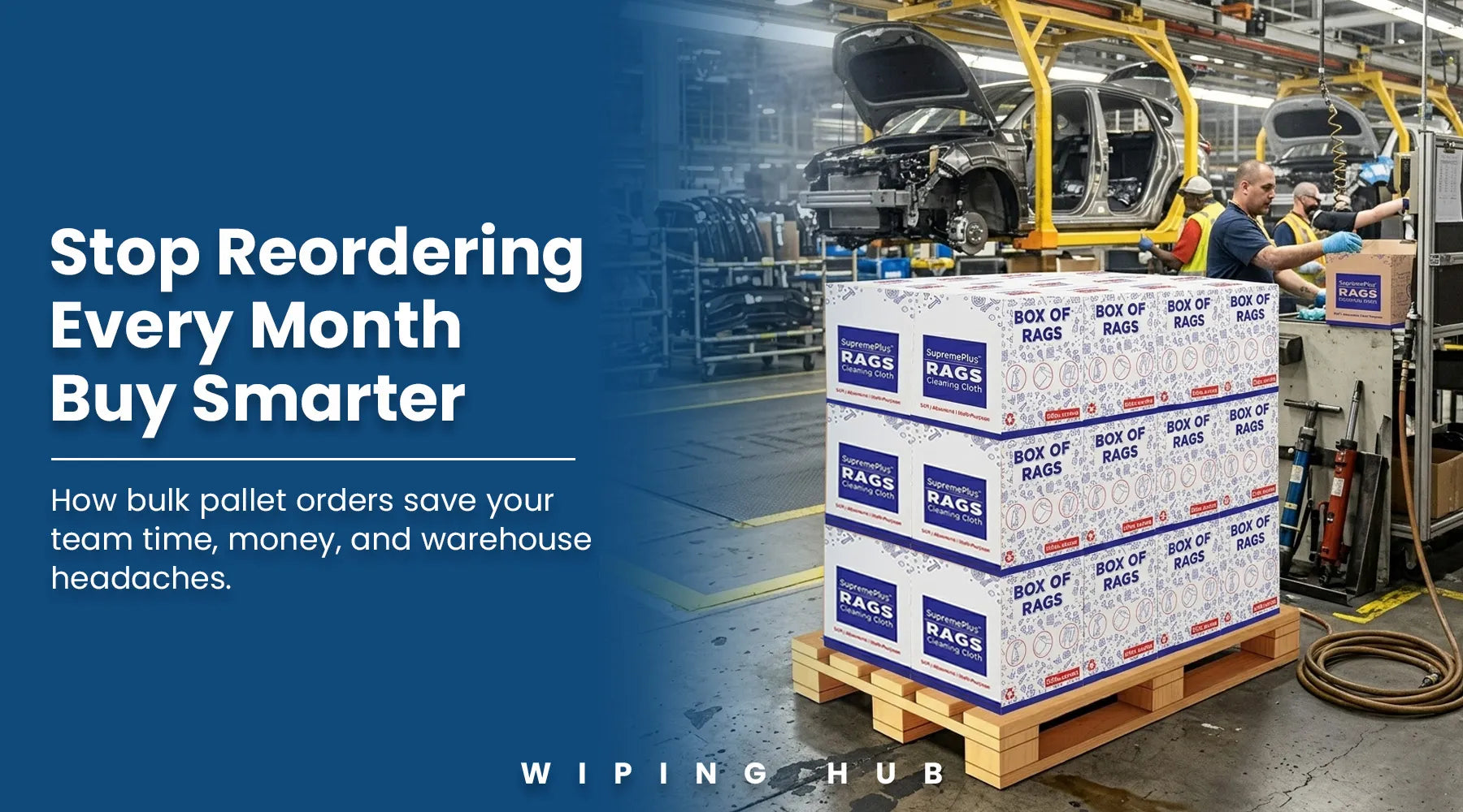 Pallet of industrial wiping rags for manufacturing, automotive, warehouse, and bulk cleaning applications.