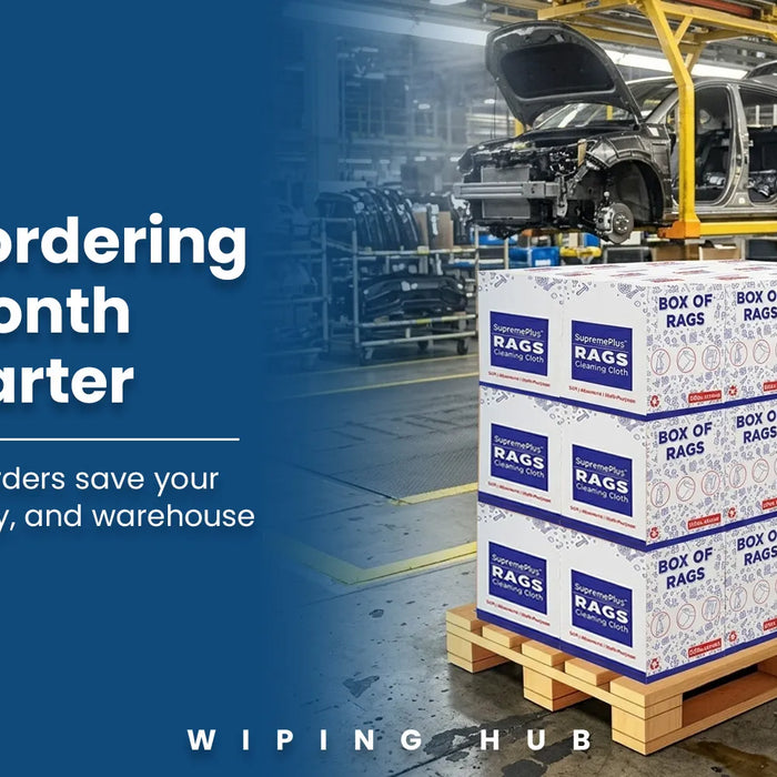 Pallet of industrial wiping rags for manufacturing, automotive, warehouse, and bulk cleaning applications.