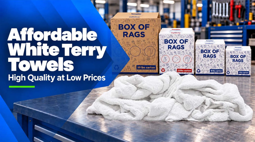 Box of Rags and white terry towels in a warehouse