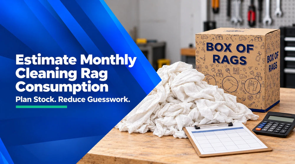 Wiping Hub cotton cleaning rags and a rag carton beside a calculator and monthly stock planning clipboard