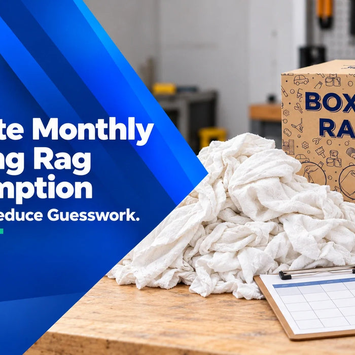 Wiping Hub cotton cleaning rags and a rag carton beside a calculator and monthly stock planning clipboard