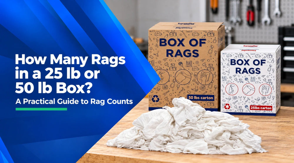 Wiping Hub 25 lb and 50 lb boxes of white cotton cleaning rags for a guide to estimating rag counts