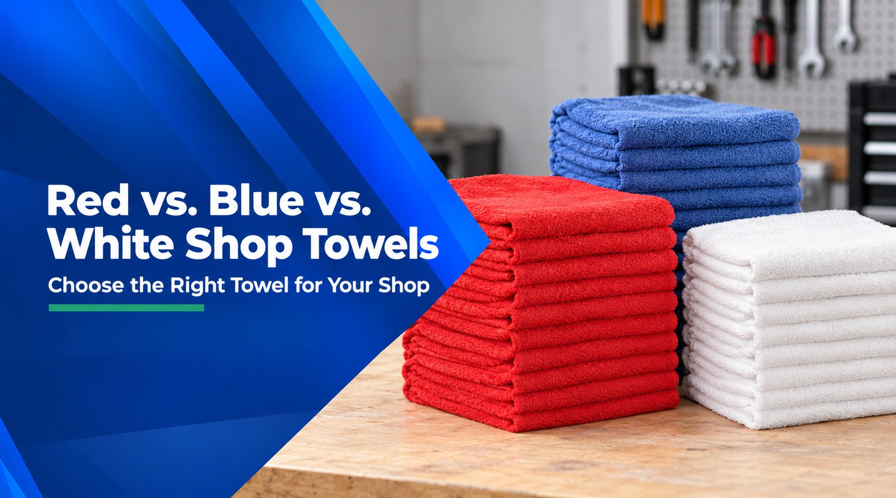 Red, blue and white cotton shop towels from Wiping Hub arranged for a workshop cleaning comparison