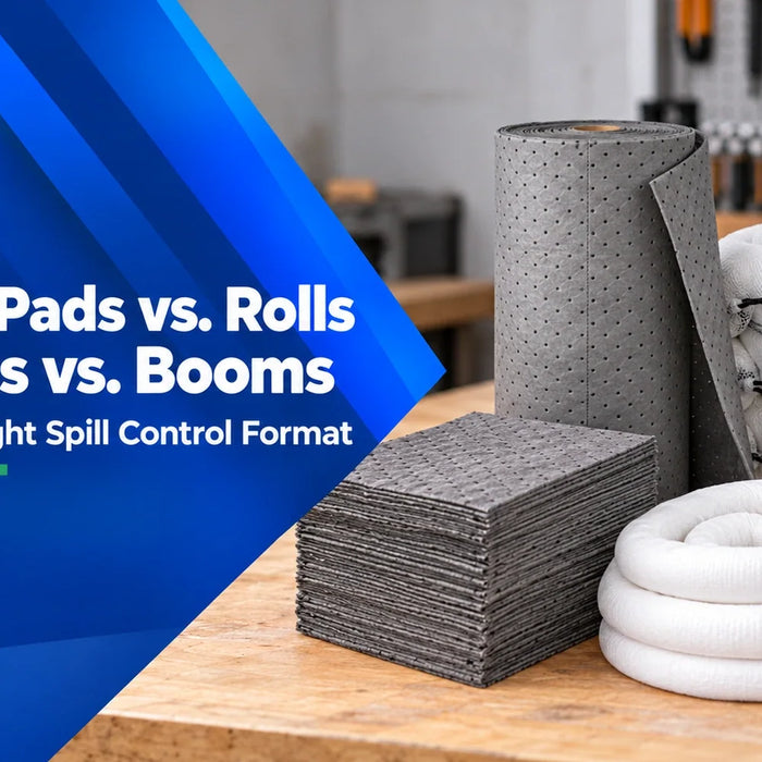 Wiping Hub gray sorbent pads and roll beside white absorbent socks and oil-only booms on an industrial workbench