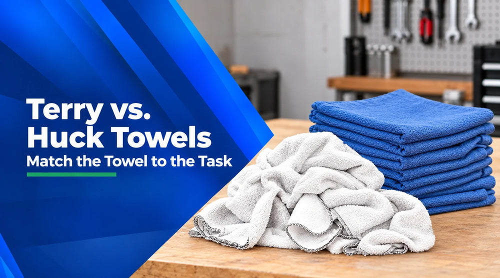 Wiping Hub white terry cloth cleaning rags and blue huck towels compared on a workshop bench