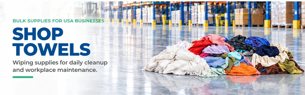 shop towels banner with USA bulk-supply copy and warehouse rag display