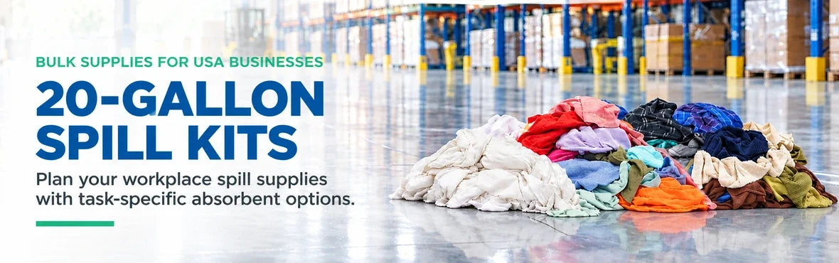 20-gallon spill kits banner with USA bulk-supply copy and warehouse rag display