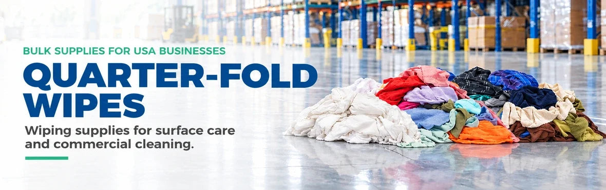 quarter-fold wipes banner with USA bulk-supply copy and warehouse rag display