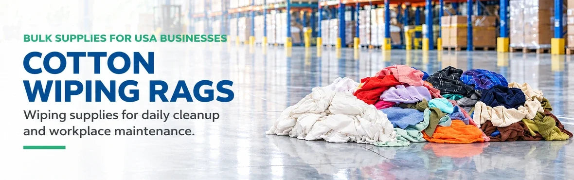 cotton wiping rags banner with USA bulk-supply copy and warehouse rag display