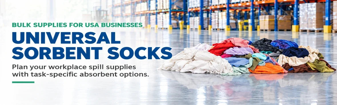 universal sorbent socks banner with USA bulk-supply copy and warehouse rag display