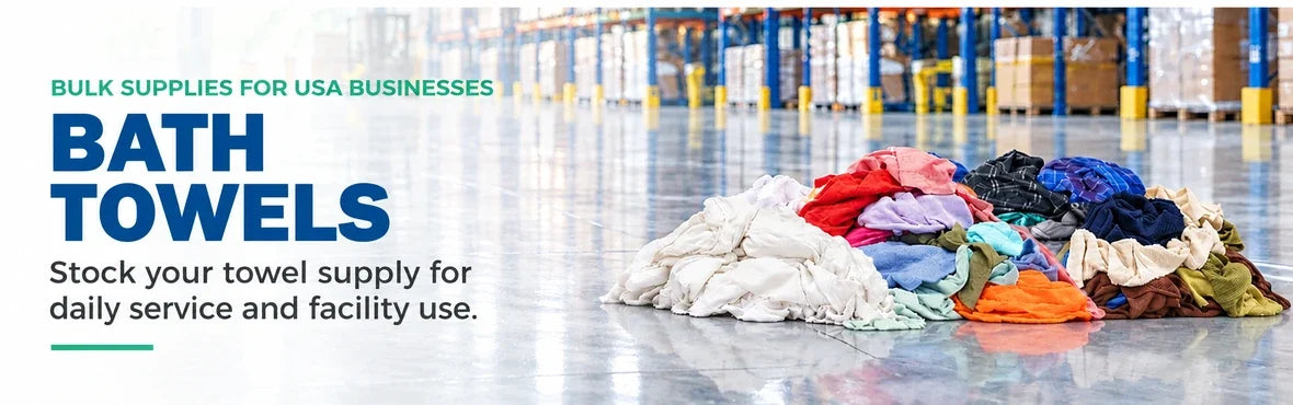 bath towels banner with USA bulk-supply copy and warehouse rag display