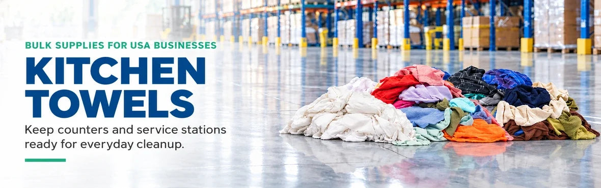 kitchen towels banner with USA bulk-supply copy and warehouse rag display