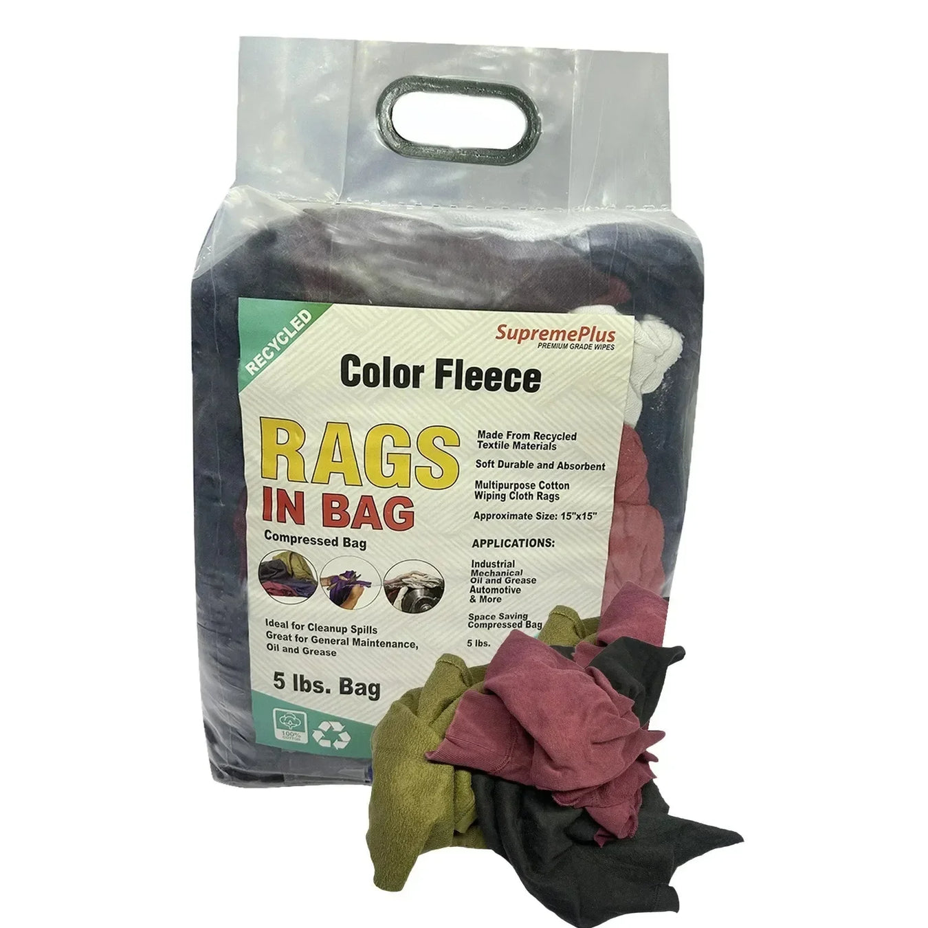 Assorted color sweatshirt fleece rags with retail bag packaging