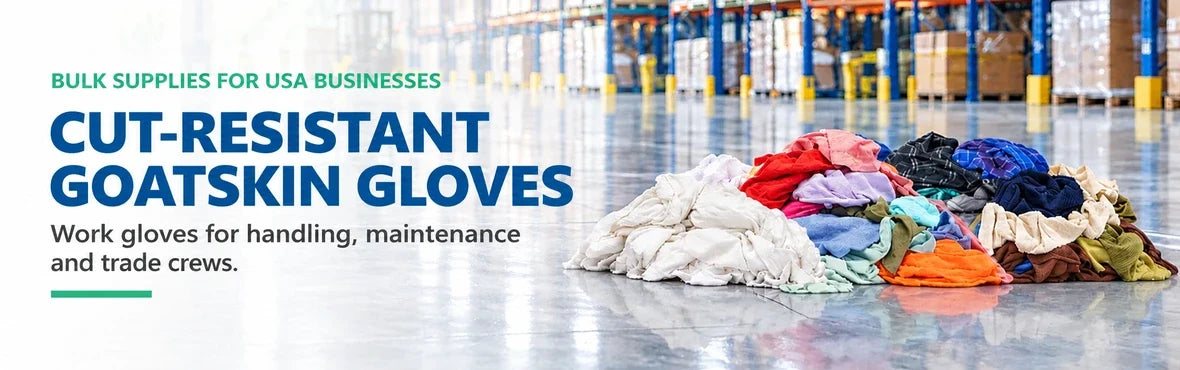 cut-resistant goatskin gloves banner with USA bulk-supply copy and warehouse rag display