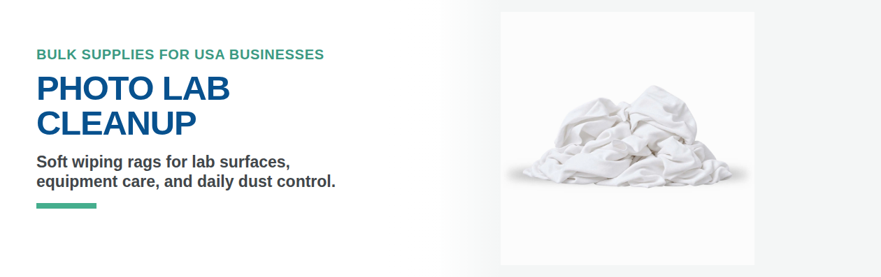 Photo lab cleanup banner with white flannel wiping rags