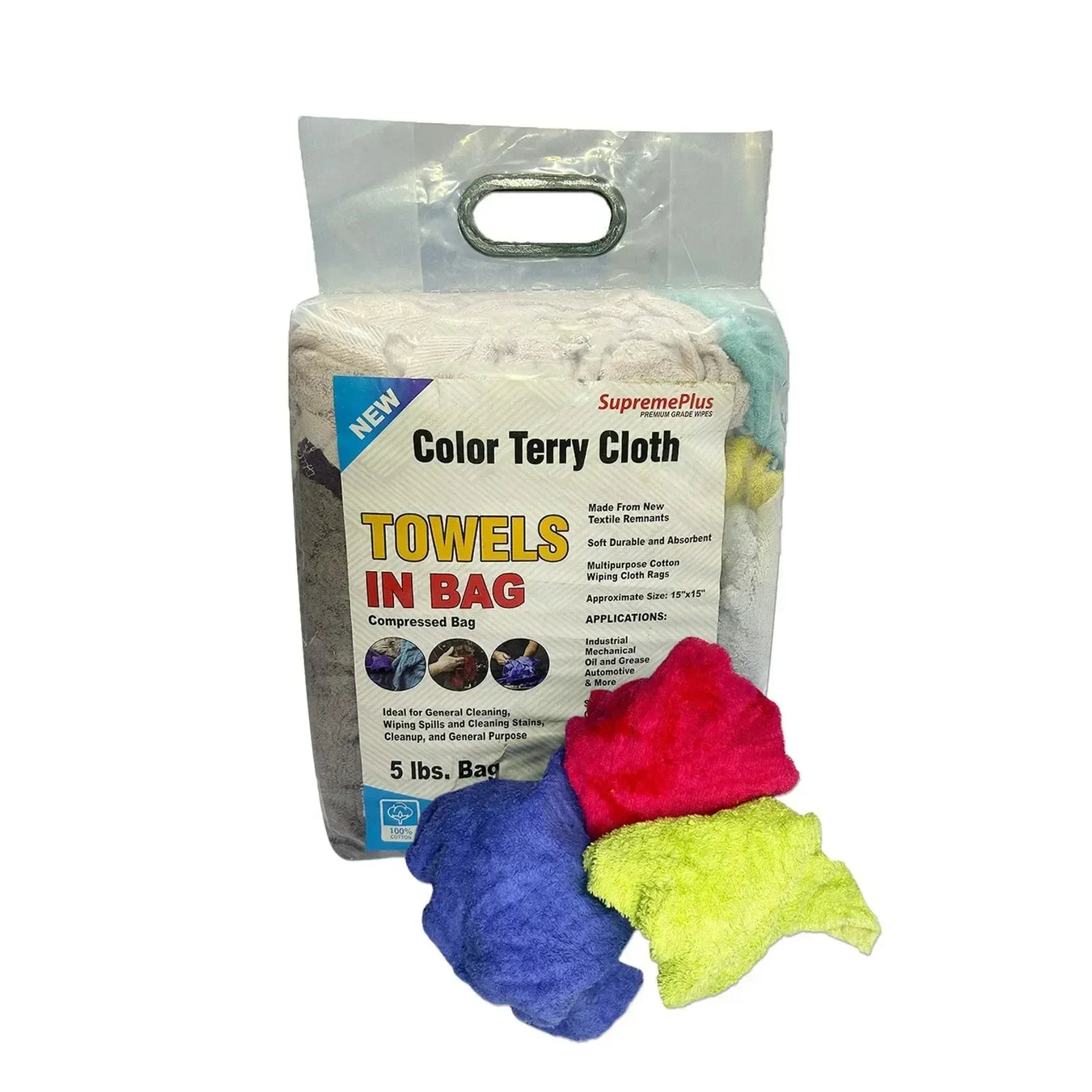 New assorted color terry cleaning rags with labeled bag packaging