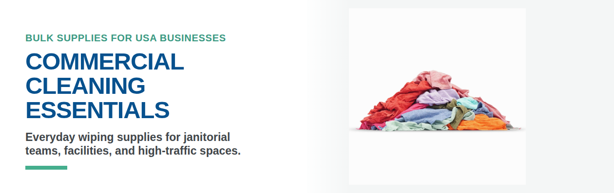 Commercial cleaning essentials banner with assorted wiping rags