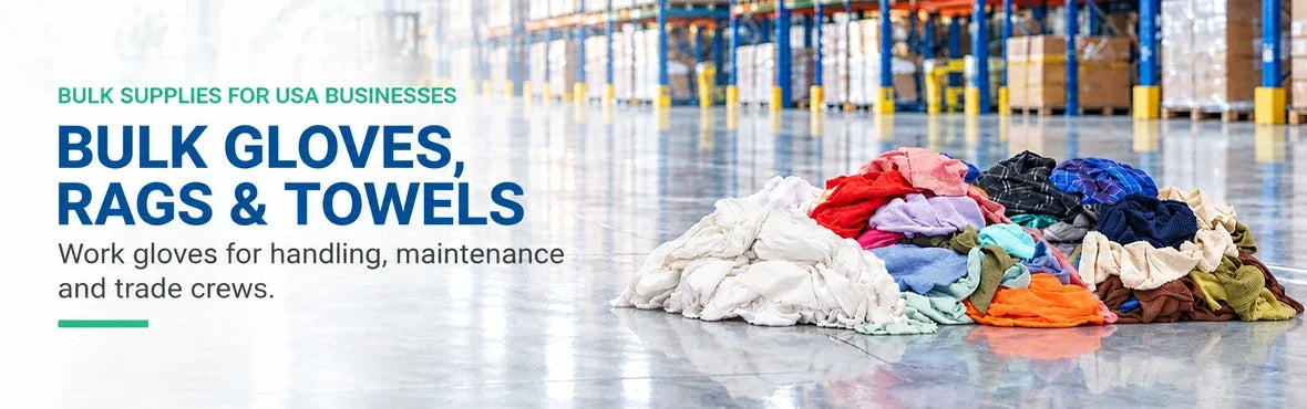 bulk gloves, rags & towels banner with USA bulk-supply copy and warehouse rag display