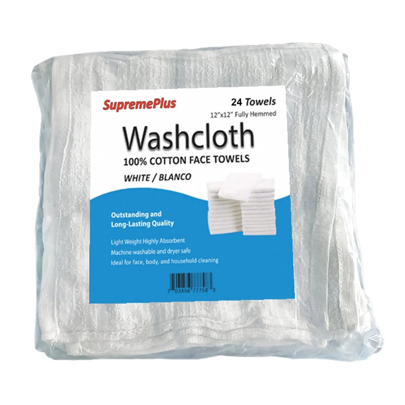 Packaged white cotton-blend washcloths with a SupremePlus label