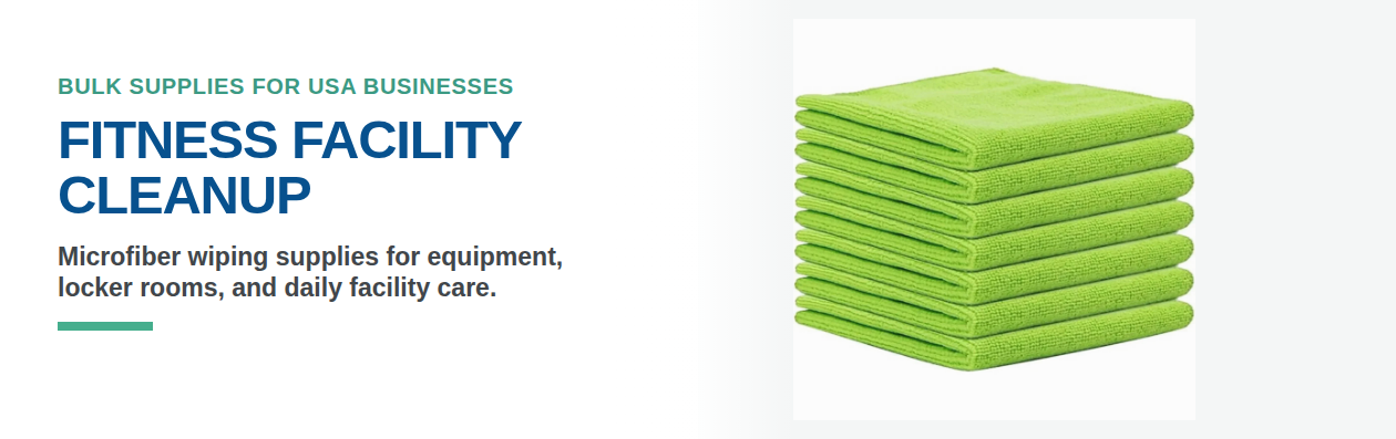 Fitness facility cleanup banner with green microfiber towels