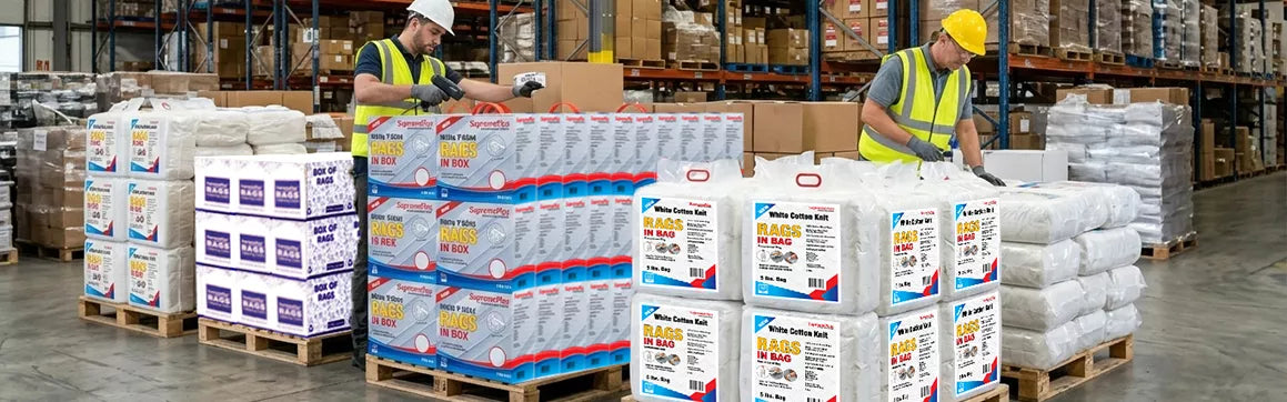 Bulk cleaning rags in bags and boxes displayed on warehouse pallets