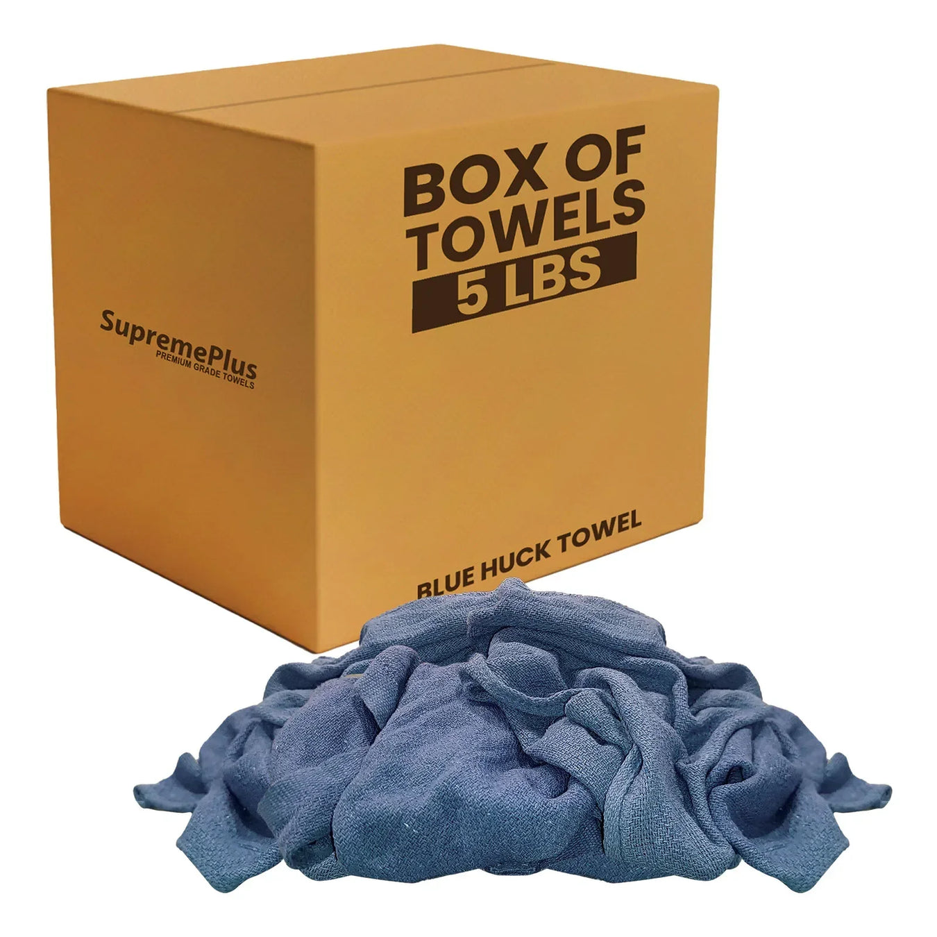 Recycled blue huck cleaning rags beside Box of Towels packaging