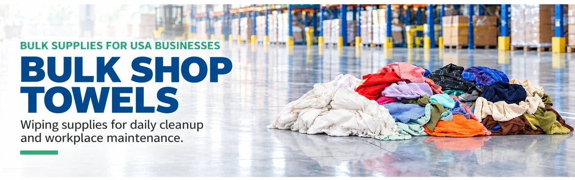 bulk shop towels banner with USA bulk-supply copy and warehouse rag display