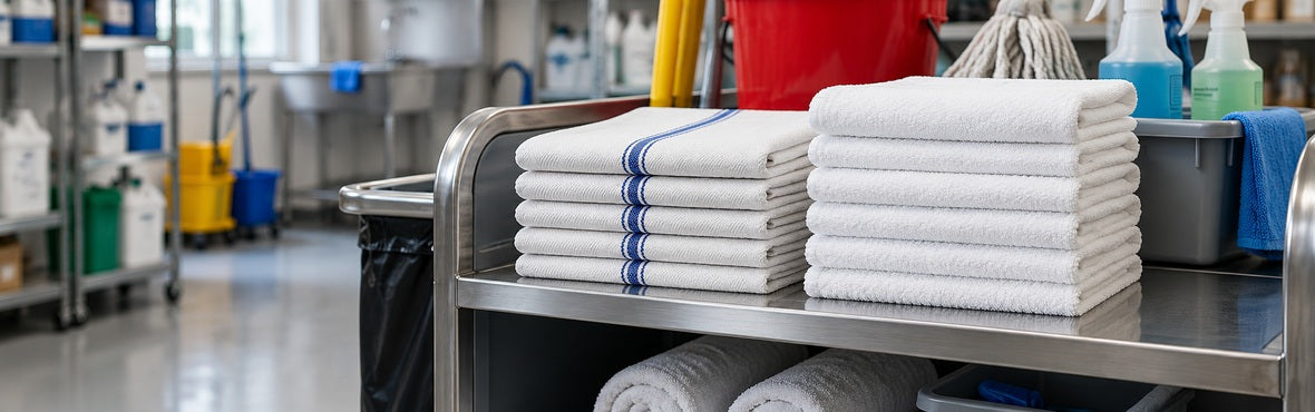 White herringbone kitchen towels and terry shop towels on a commercial cleaning cart