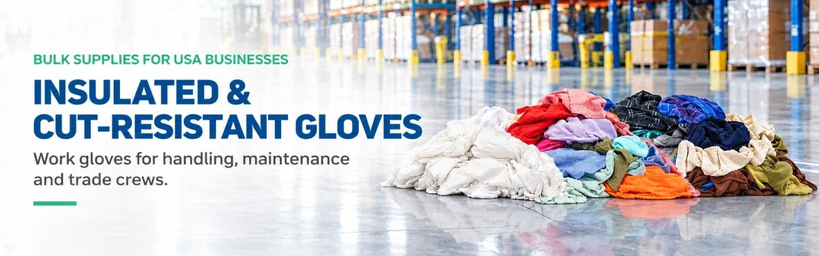 insulated & cut-resistant gloves banner with USA bulk-supply copy and warehouse rag display