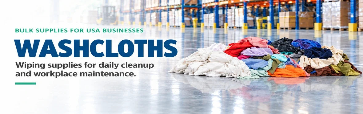 washcloths banner with USA bulk-supply copy and warehouse rag display