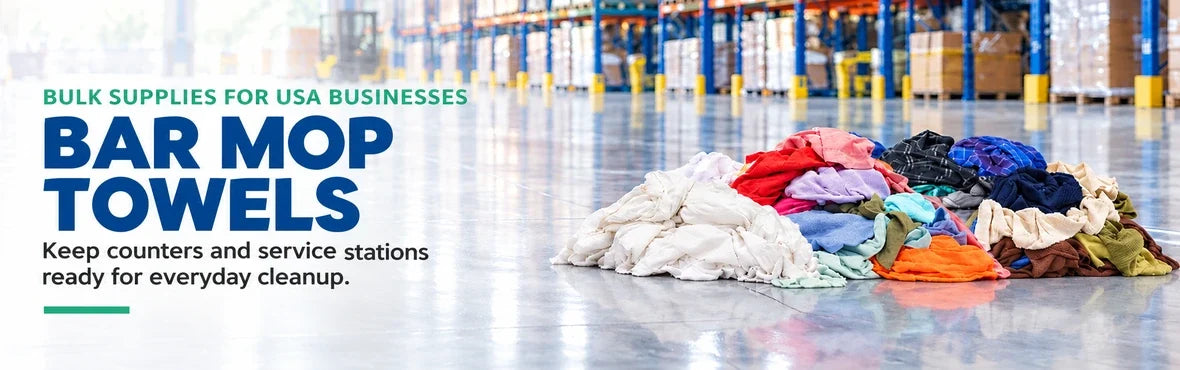 bar mop towels banner with USA bulk-supply copy and warehouse rag display