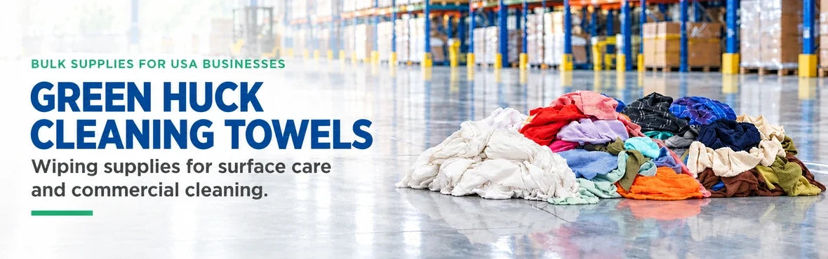 green huck cleaning towels banner with USA bulk-supply copy and warehouse rag display