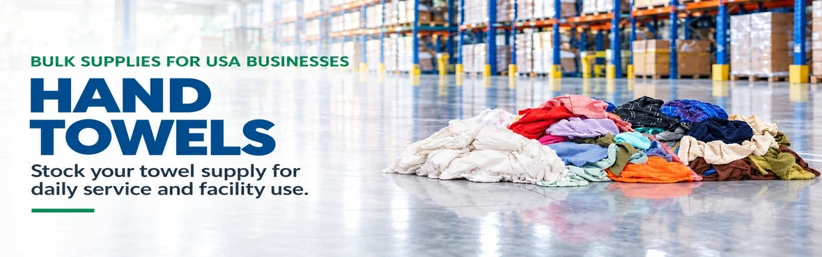 hand towels banner with USA bulk-supply copy and warehouse rag display