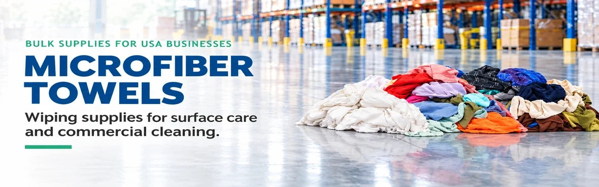 microfiber towels banner with USA bulk-supply copy and warehouse rag display