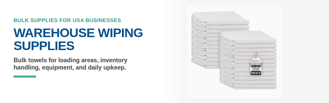 Warehouse wiping supplies banner with white shop towels