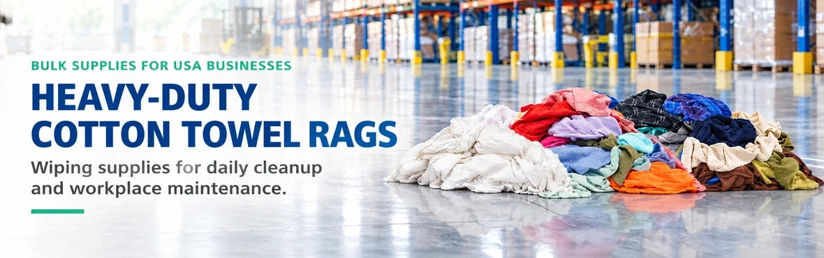 heavy-duty cotton towel rags banner with USA bulk-supply copy and warehouse rag display