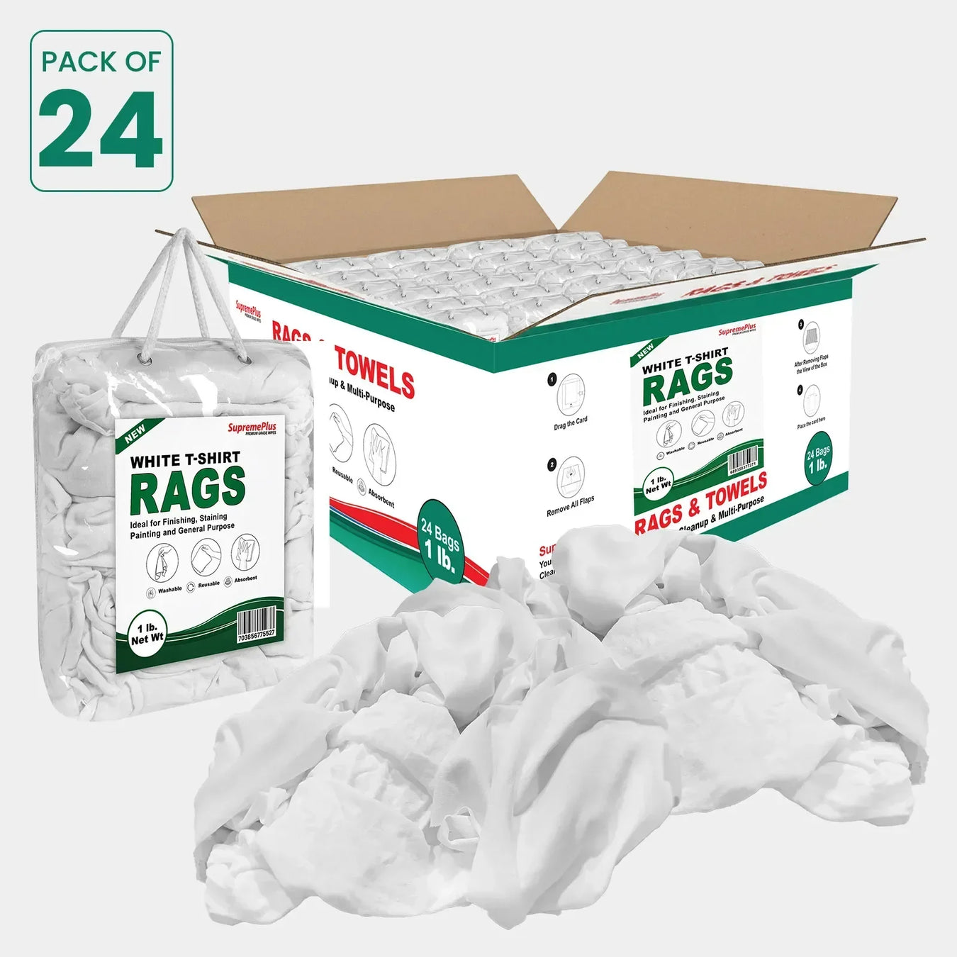 New white knit cleaning rags with individual bags and a master carton