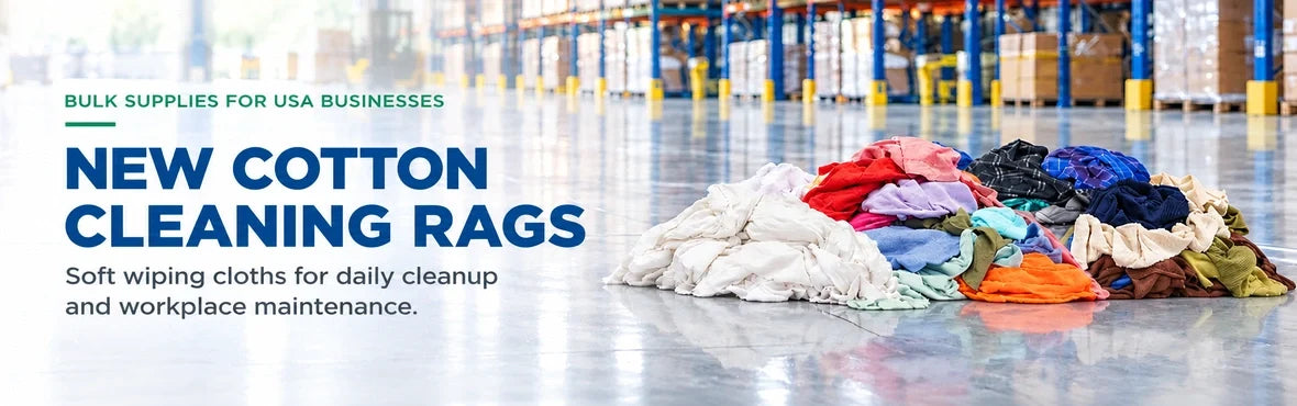 New cotton cleaning rags banner with USA bulk-supply copy and warehouse rag display
