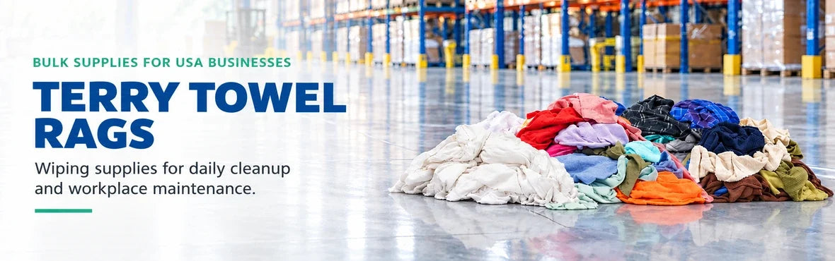 terry towel rags banner with USA bulk-supply copy and warehouse rag display